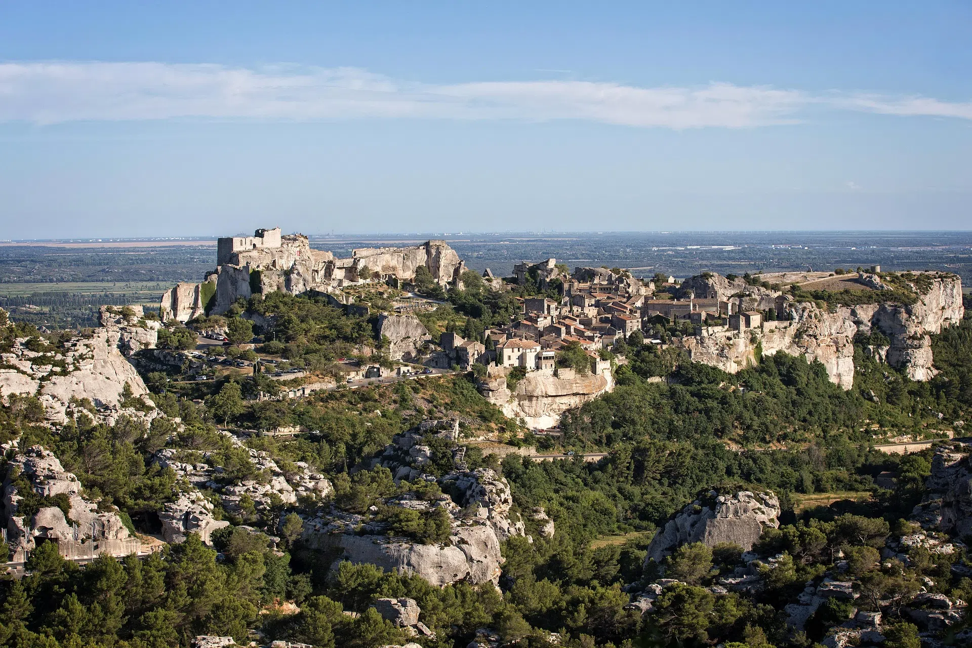 Perched village of Les Baux-de-Provence and limestone cliffs