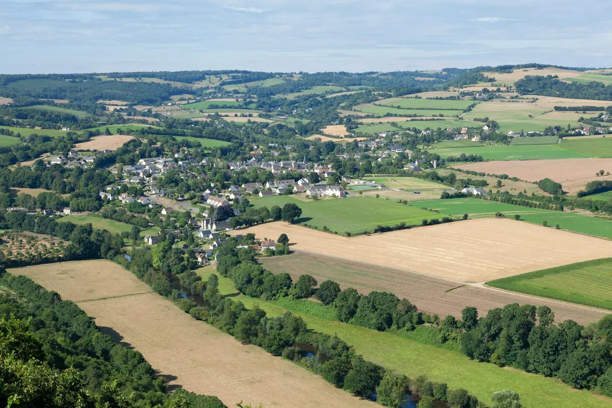 Aerial view of the Normandy bocage around Clécy with fields and hedgerows