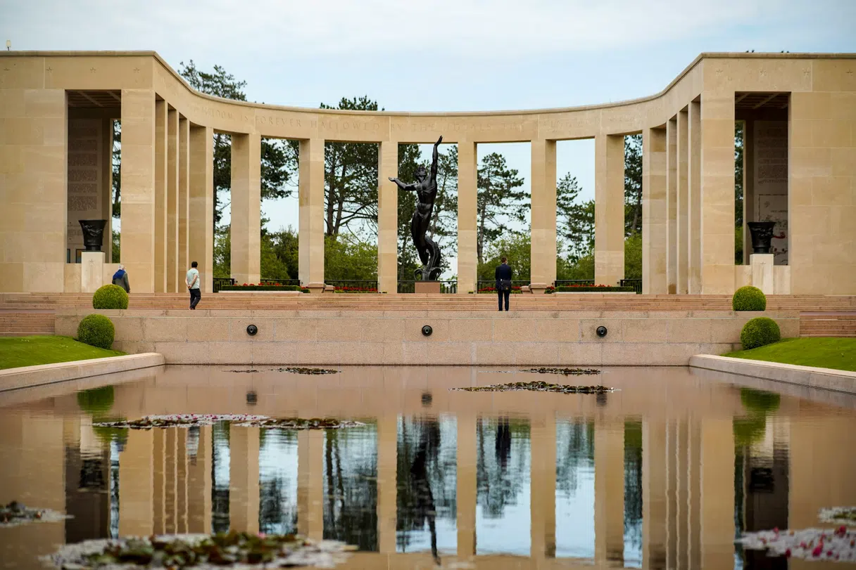 The colonnade of the Normandy American Cemetery memorial in Colleville-sur-Mer