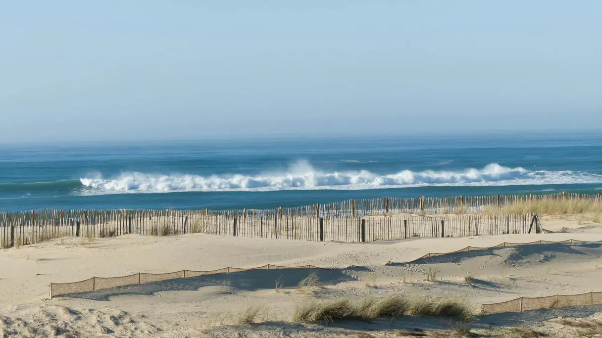Sand dunes and waves on a beach in the Landes