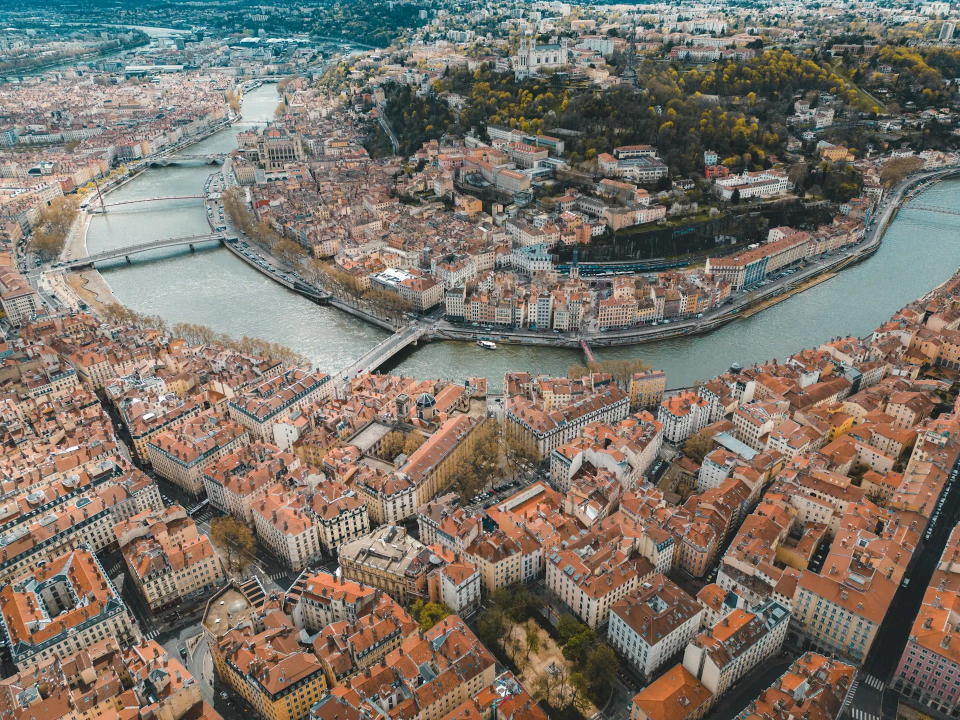 Aerial view of Vieux Lyon, the Saône river and Fourvière hill