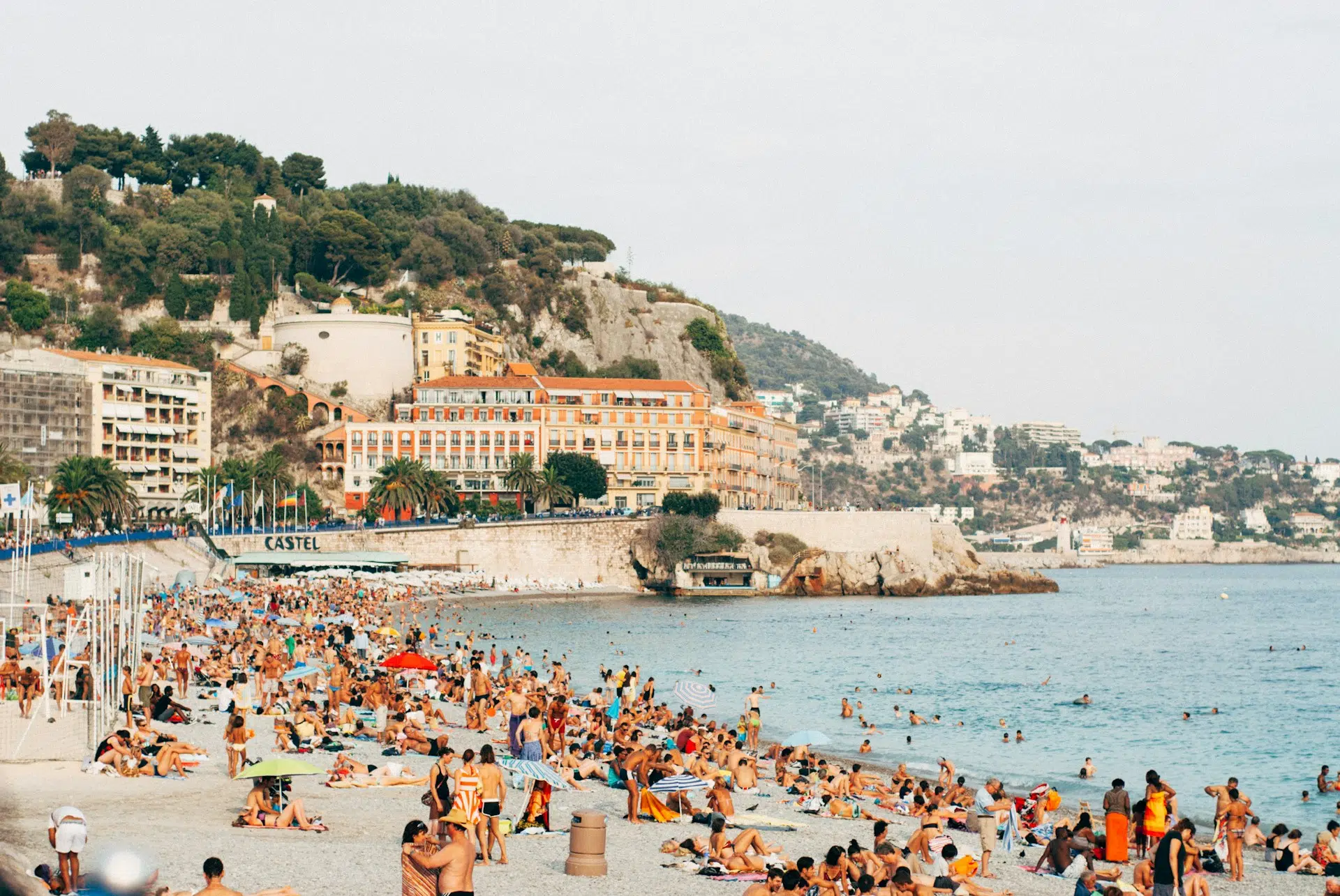 Crowded beach in Nice on the French Riviera during summer