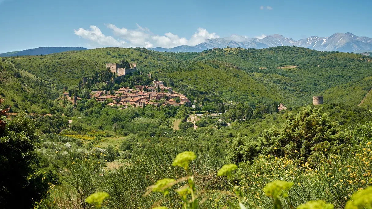 The village of Castelnou with the Canigou in the background