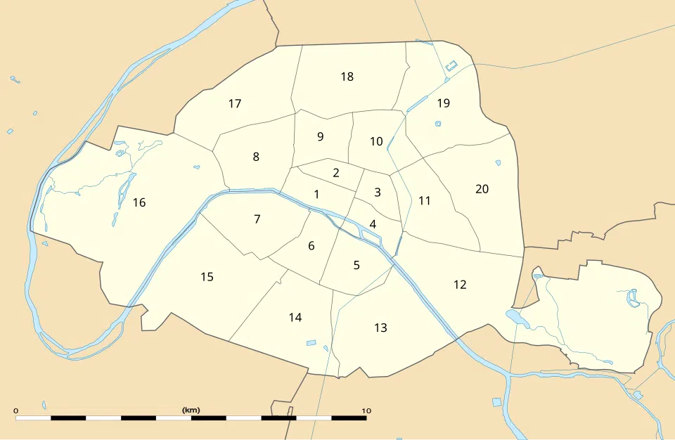 Map of Paris arrondissements numbered 1 to 20