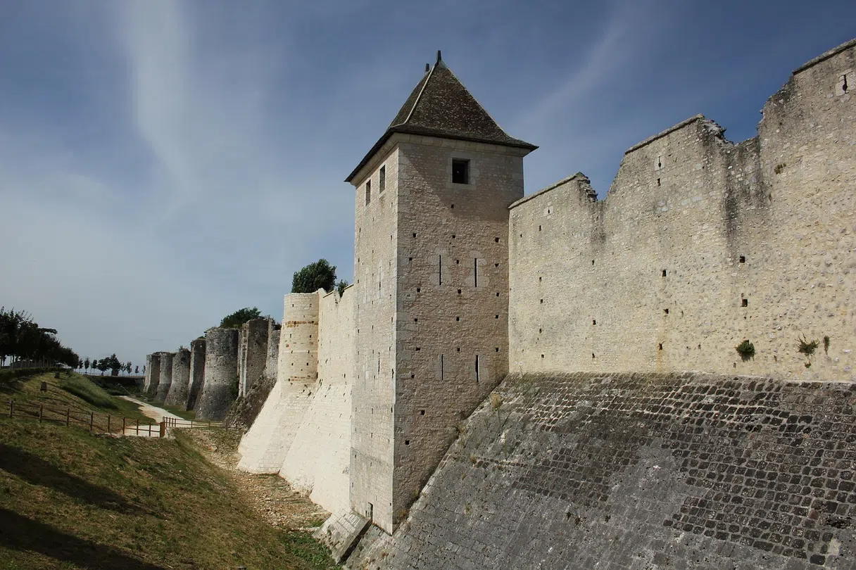 The medieval ramparts of Provins seen from the grassy outer walls